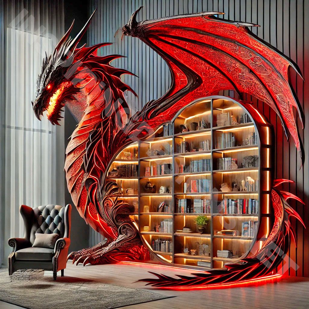 giant dragon bookcase in a red color