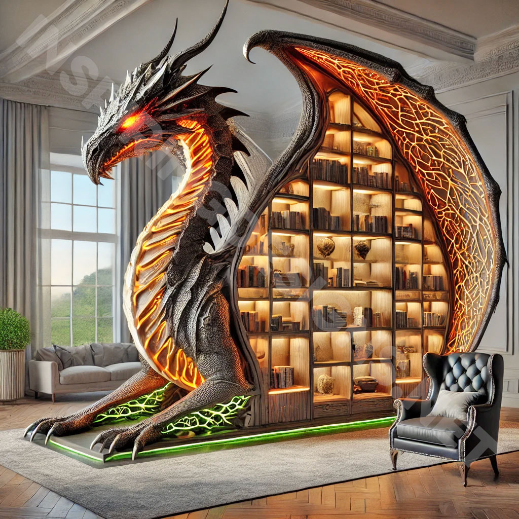 giant dragon bookcase in a black and orange color