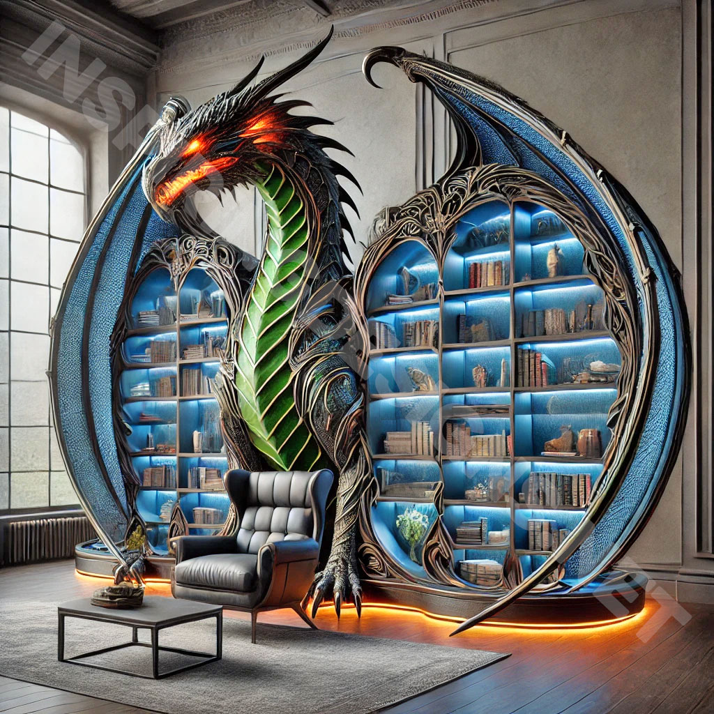 giant dragon bookcase in a blue and green color