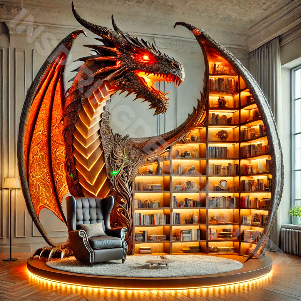 giant dragon bookcase in a black and orange color