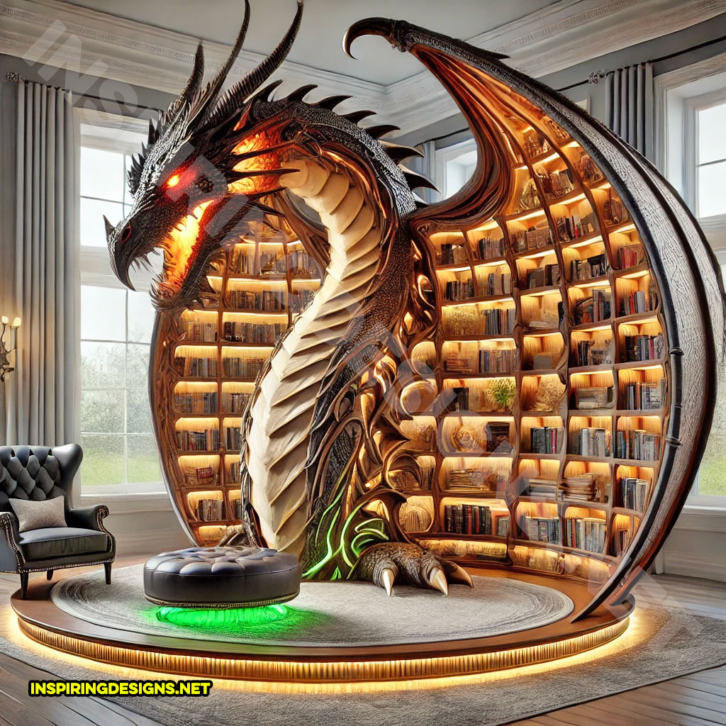 giant dragon bookcase in a black and yellow color