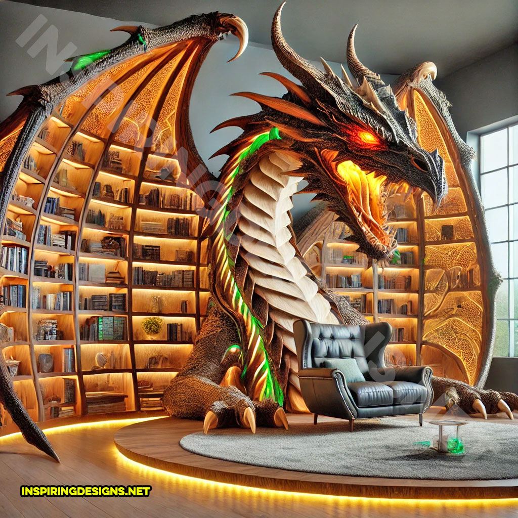 giant dragon bookcase in a black and yellow color