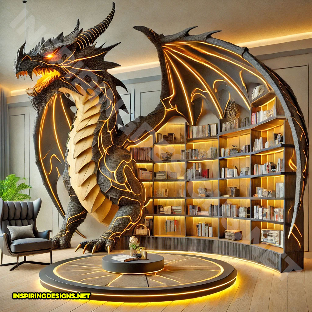 giant dragon bookcase in a black and yellow color