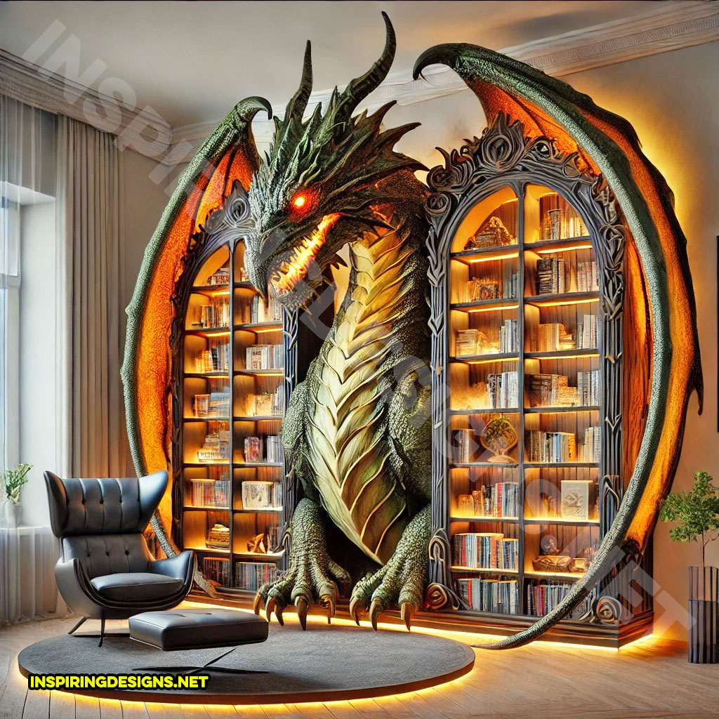 giant dragon bookcase in a green and yellow color