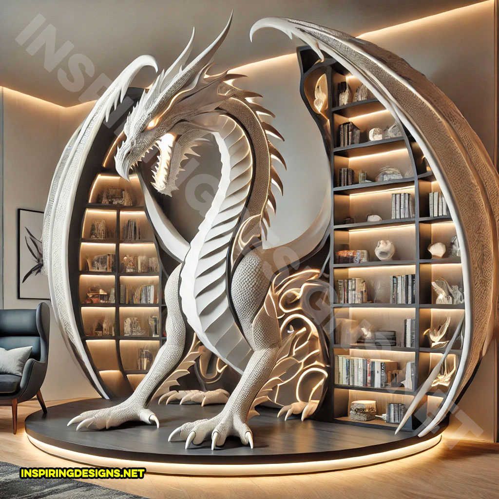 giant dragon bookcase in a black and white color