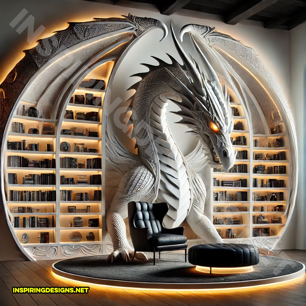 giant dragon bookcase in a black and white color