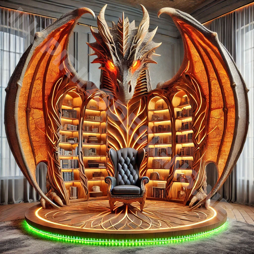 giant dragon bookcase in an orange and grey color