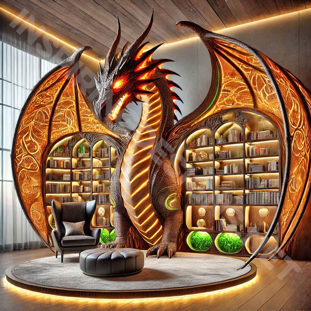 giant dragon bookcase in an orange and brown color