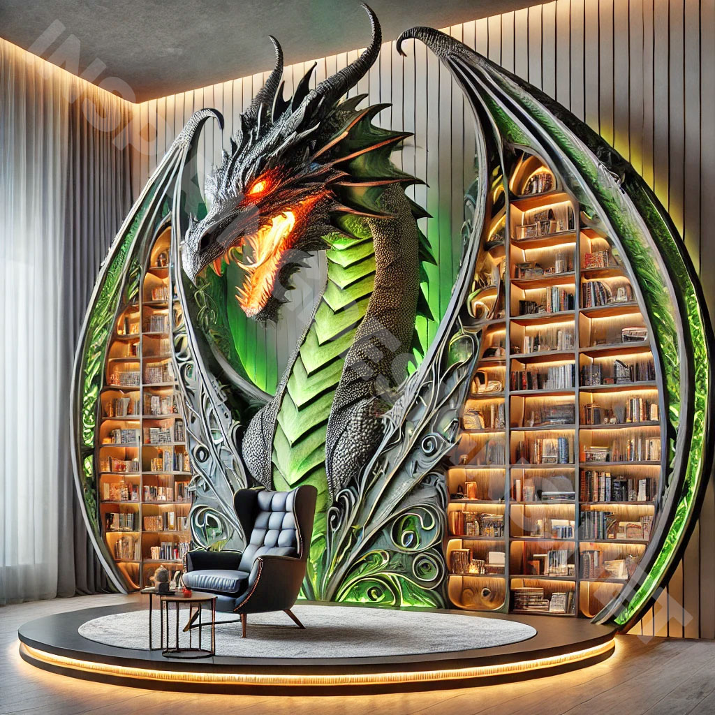 giant dragon bookcase in a green and black color