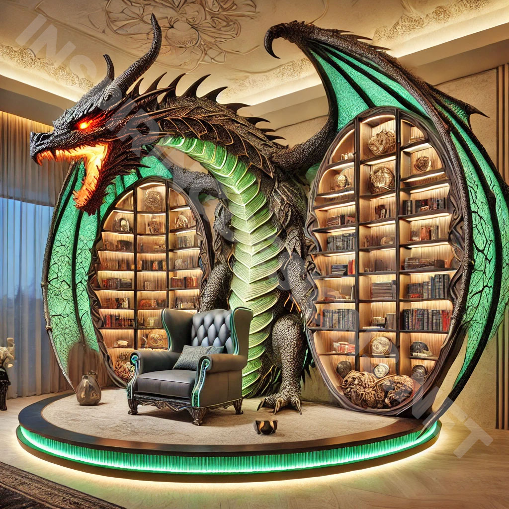 giant dragon bookcase in a black and green color