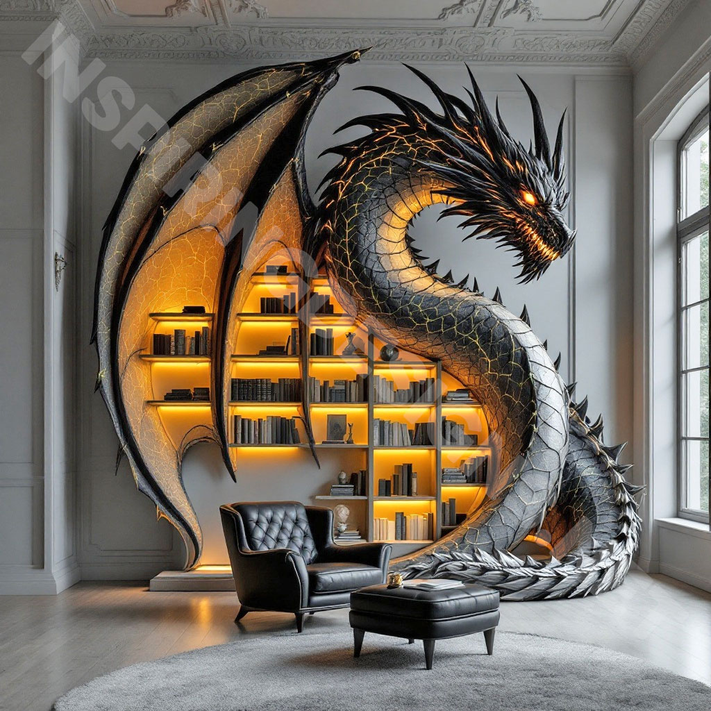 giant dragon bookcase in a black and yellow color