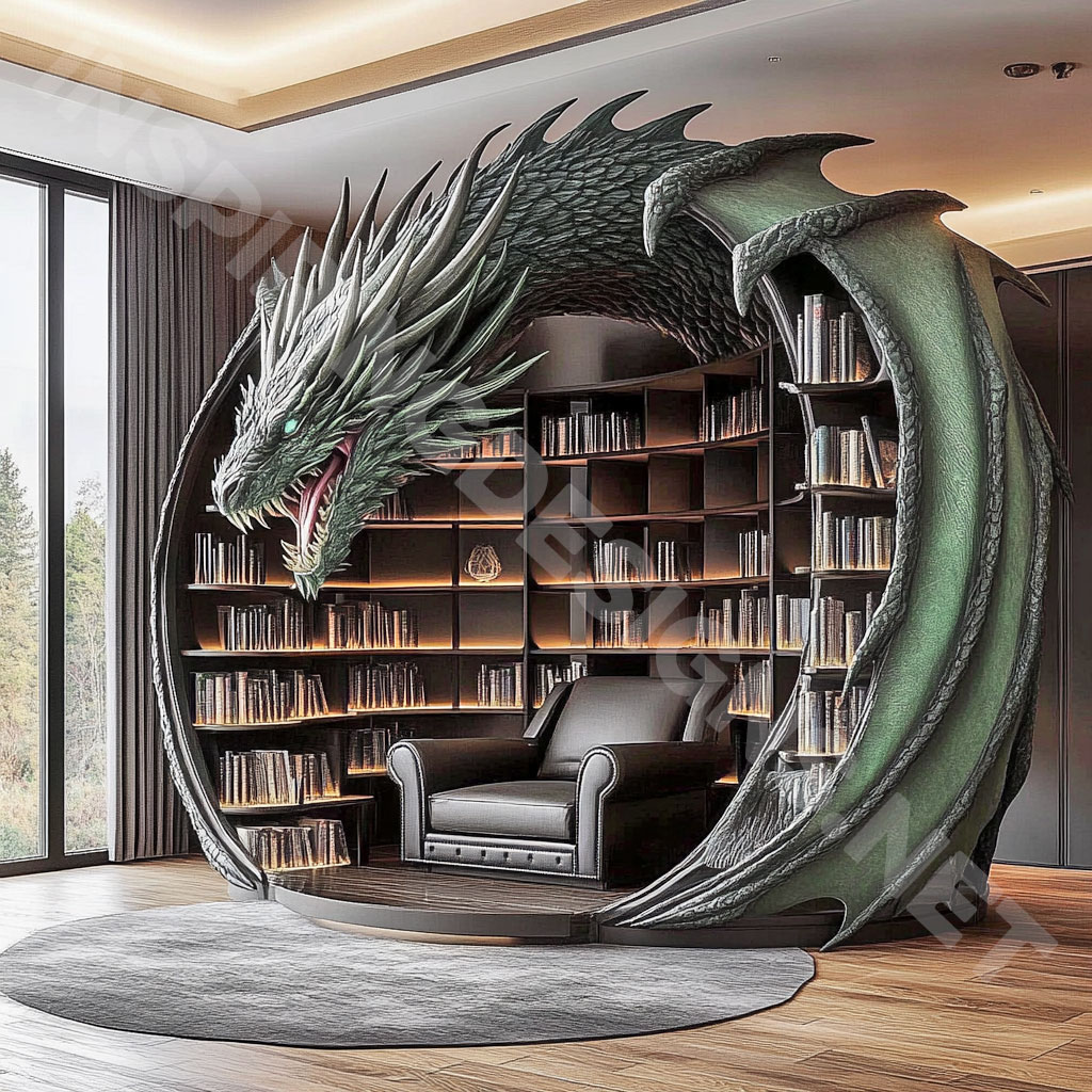 giant dragon bookcase in a green and black color