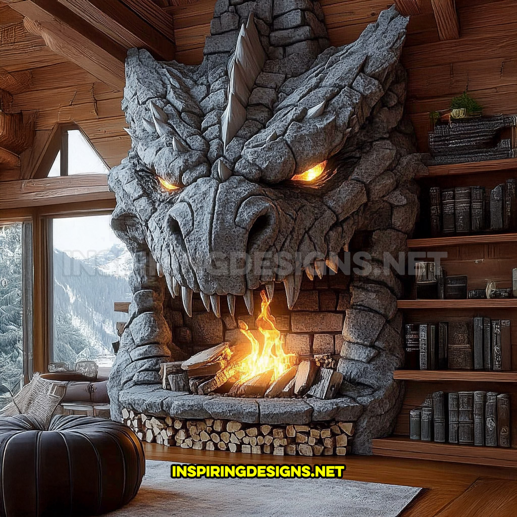 giant dragon fireplace made from stone and brick in dark grey