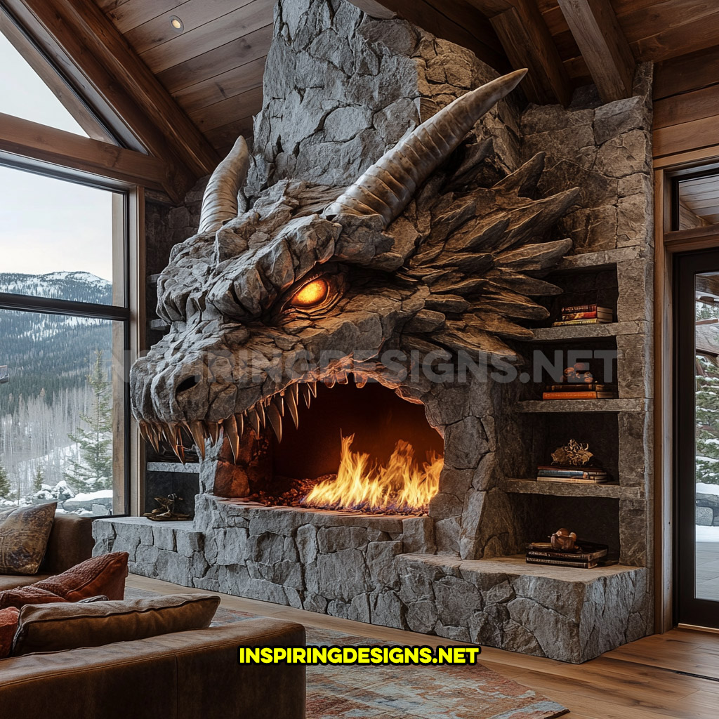 giant dragon fireplace made from stone in dark grey (with horns)