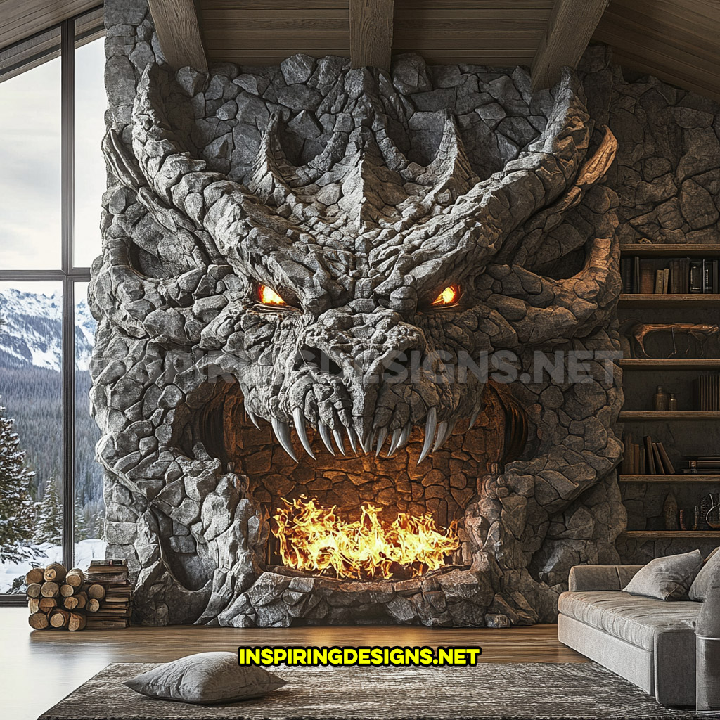 giant dragon fireplace made from stone in dark grey in a wood burning design