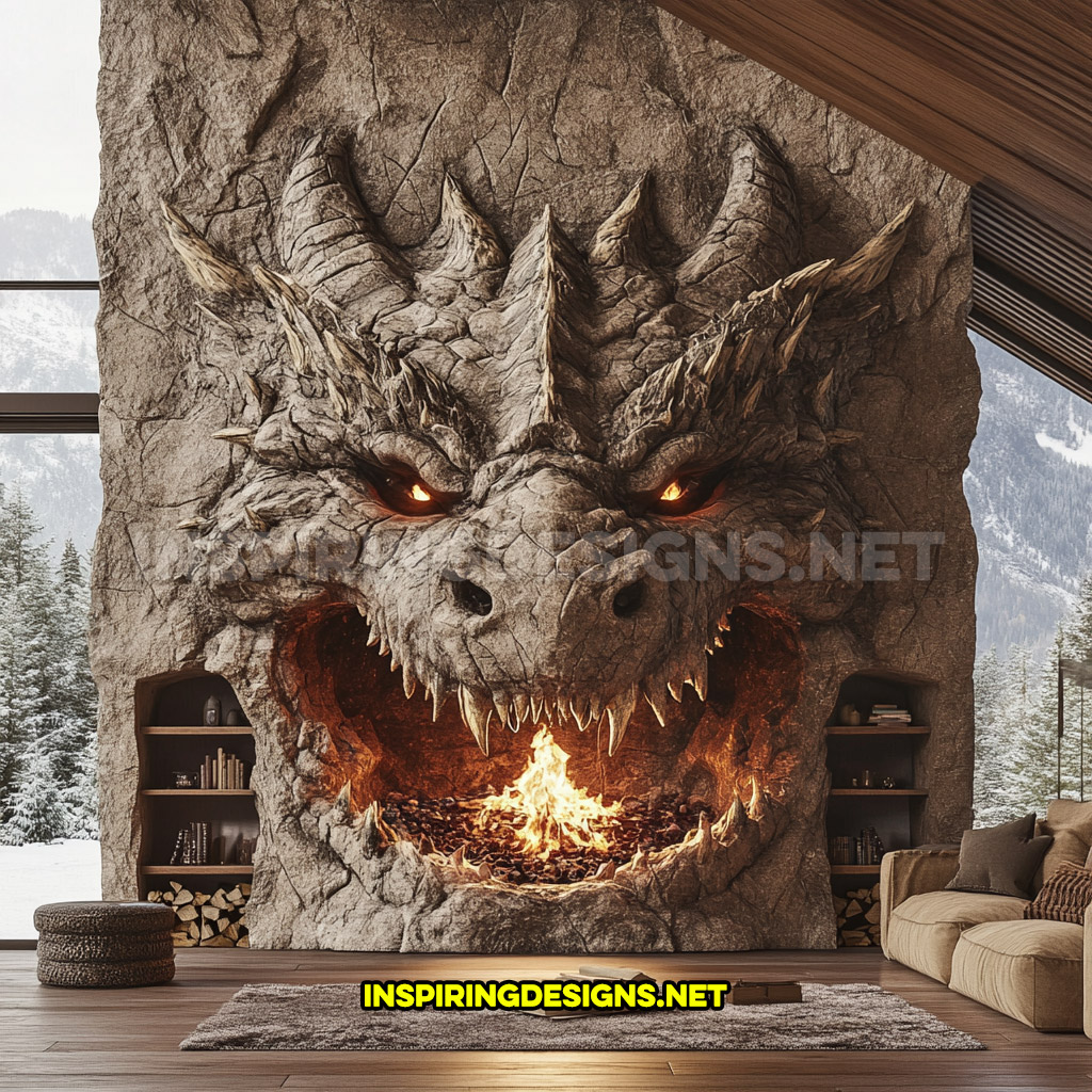 giant dragon fireplace made from stone in light grey with integrated shelving (extra wide)