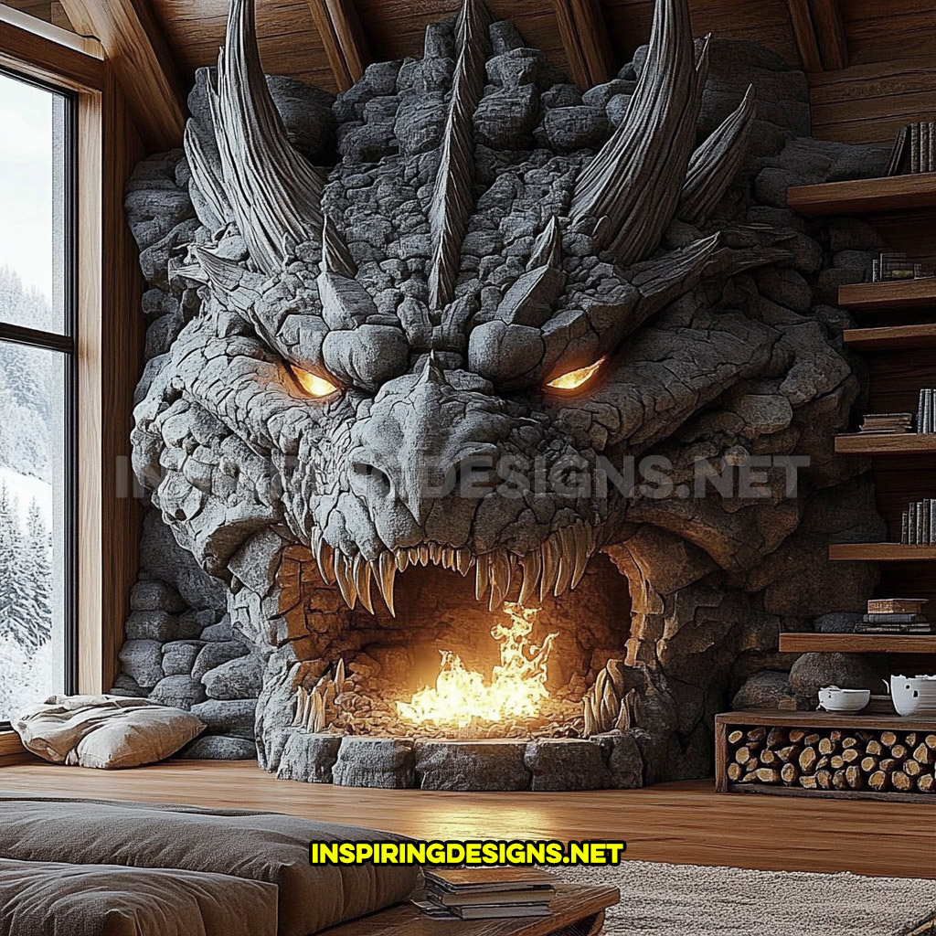 giant dragon fireplace made from stone in dark grey