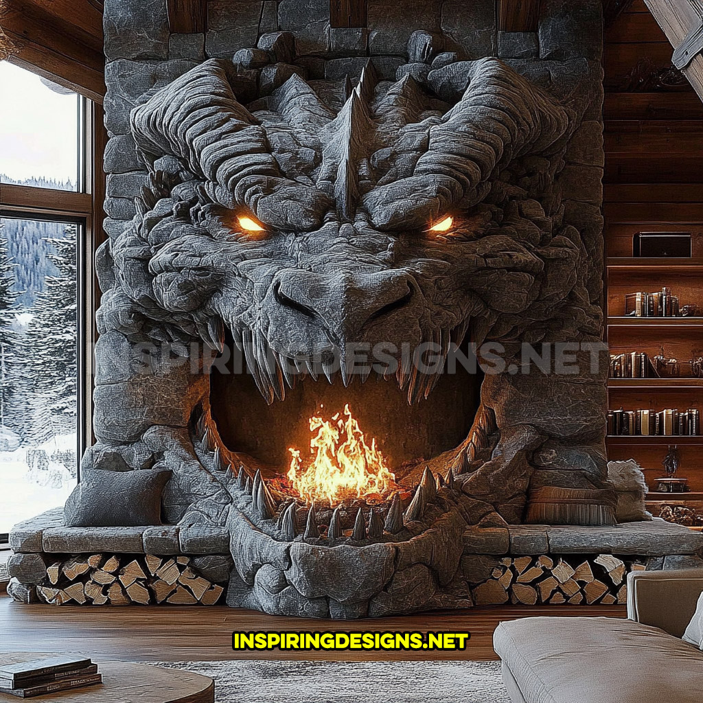 giant dragon fireplace made from stone in dark grey in a rustic modern design