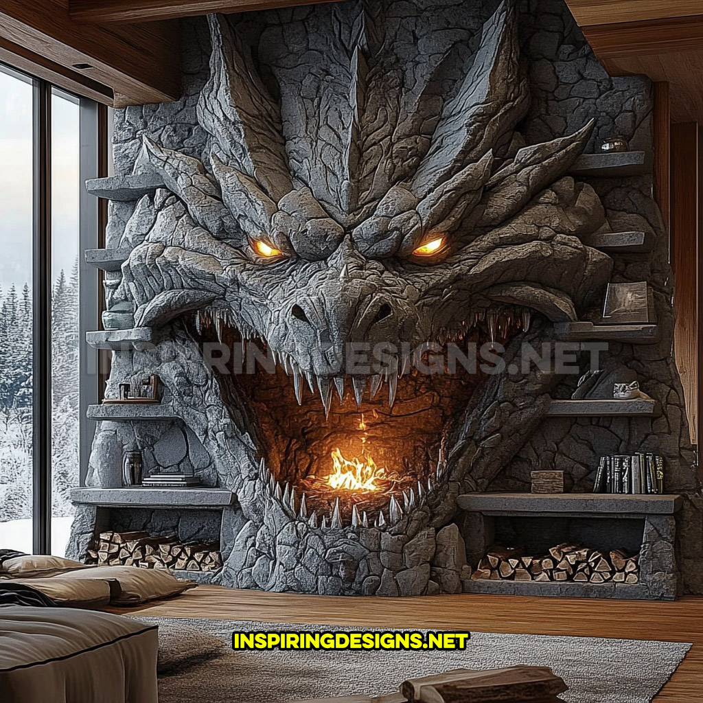 giant dragon fireplace made from stone in dark grey with integrated stone shelving