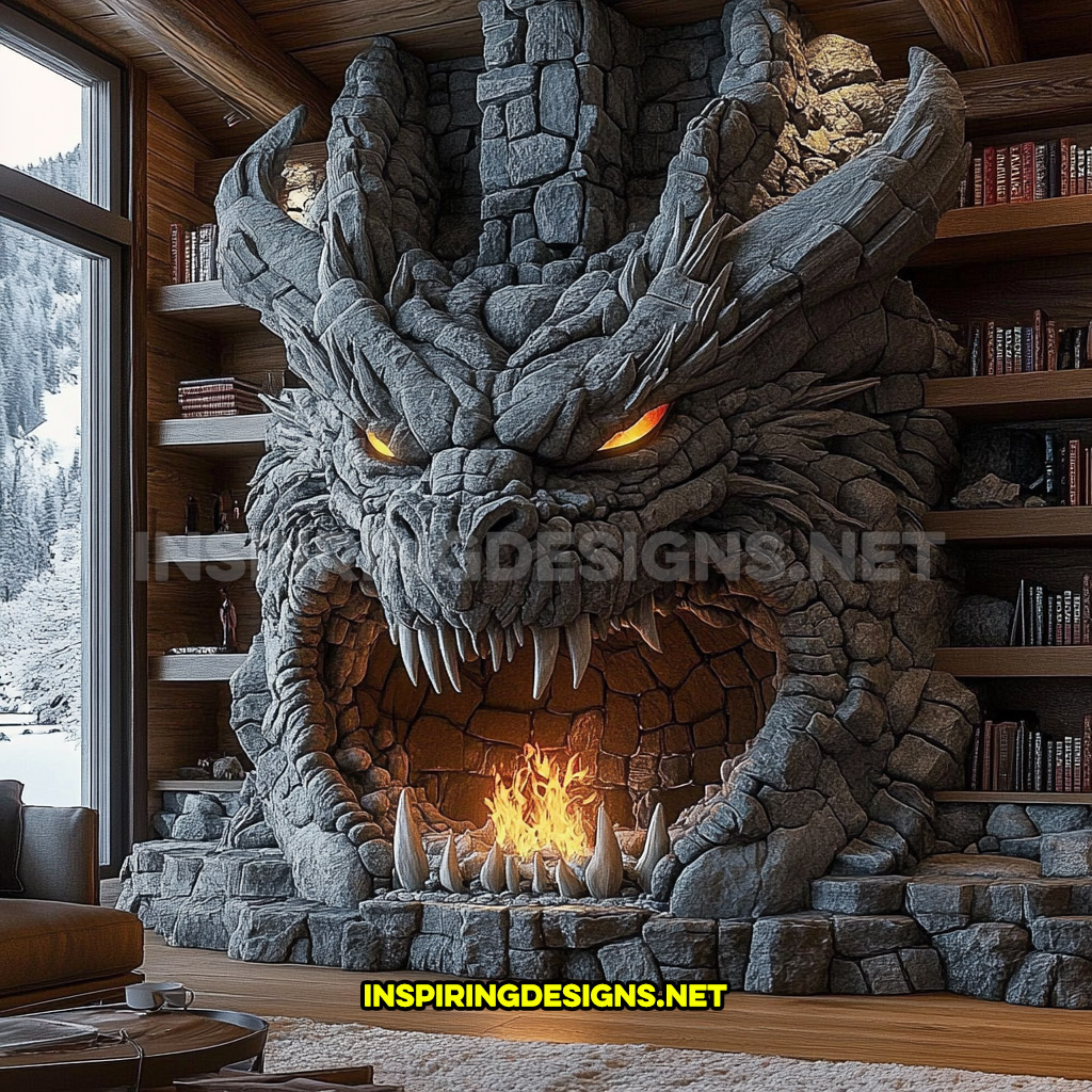 giant dragon fireplace made from stone in dark grey with illuminated eyes and shelving