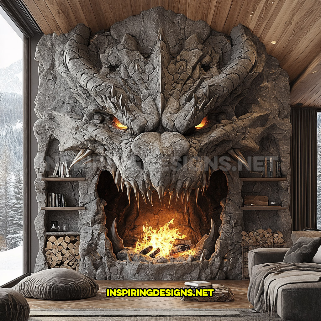 giant dragon fireplace made from stone in dark grey with integrated stone shelving