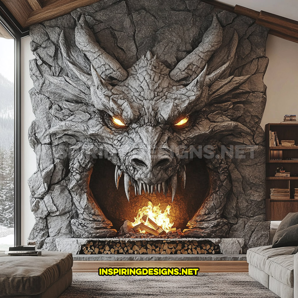 giant dragon fireplace made from stone in dark grey with horns and illuminated eyes