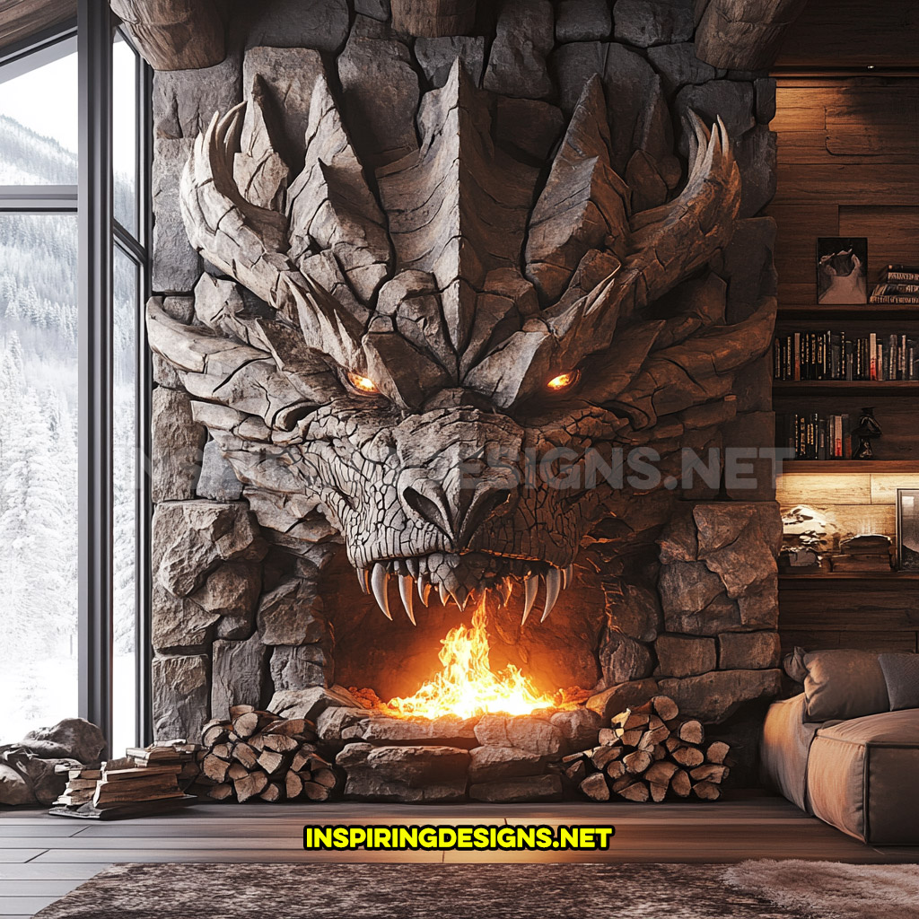 giant dragon fireplace made from stone in light grey