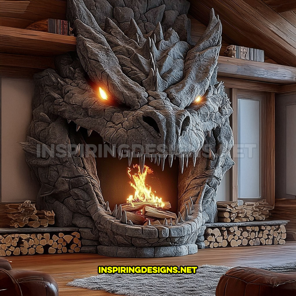 giant dragon fireplace made from stone in dark grey in a wood burning design