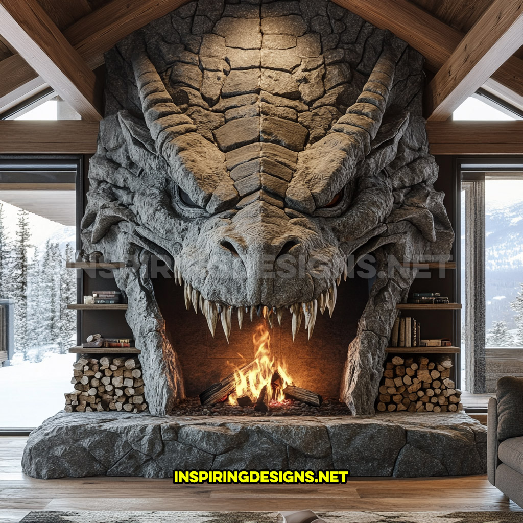 giant dragon fireplace made from stone in dark grey with integrated wood shelving