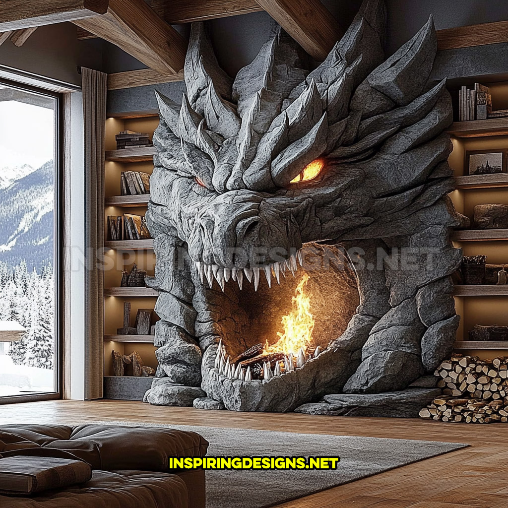 giant dragon fireplace made from stone in dark grey natural boulders