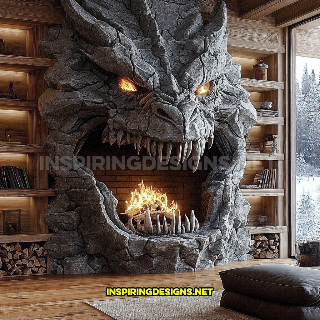 giant dragon fireplace made from stone in dark grey with integrated wood shelving