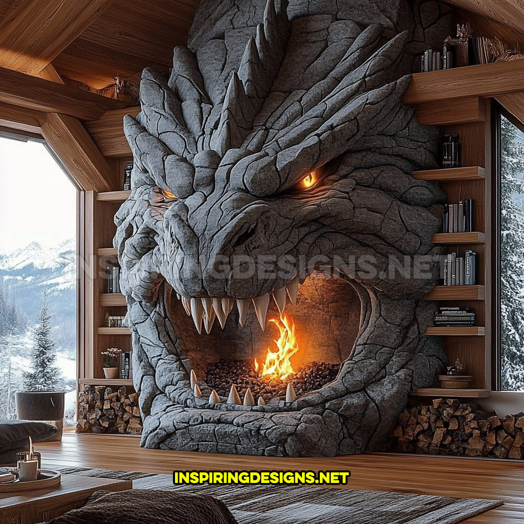 giant dragon fireplace made from stone in dark grey in a gas burning design