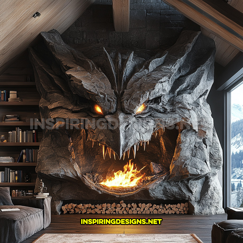 giant dragon fireplace made from natural stone in dark grey