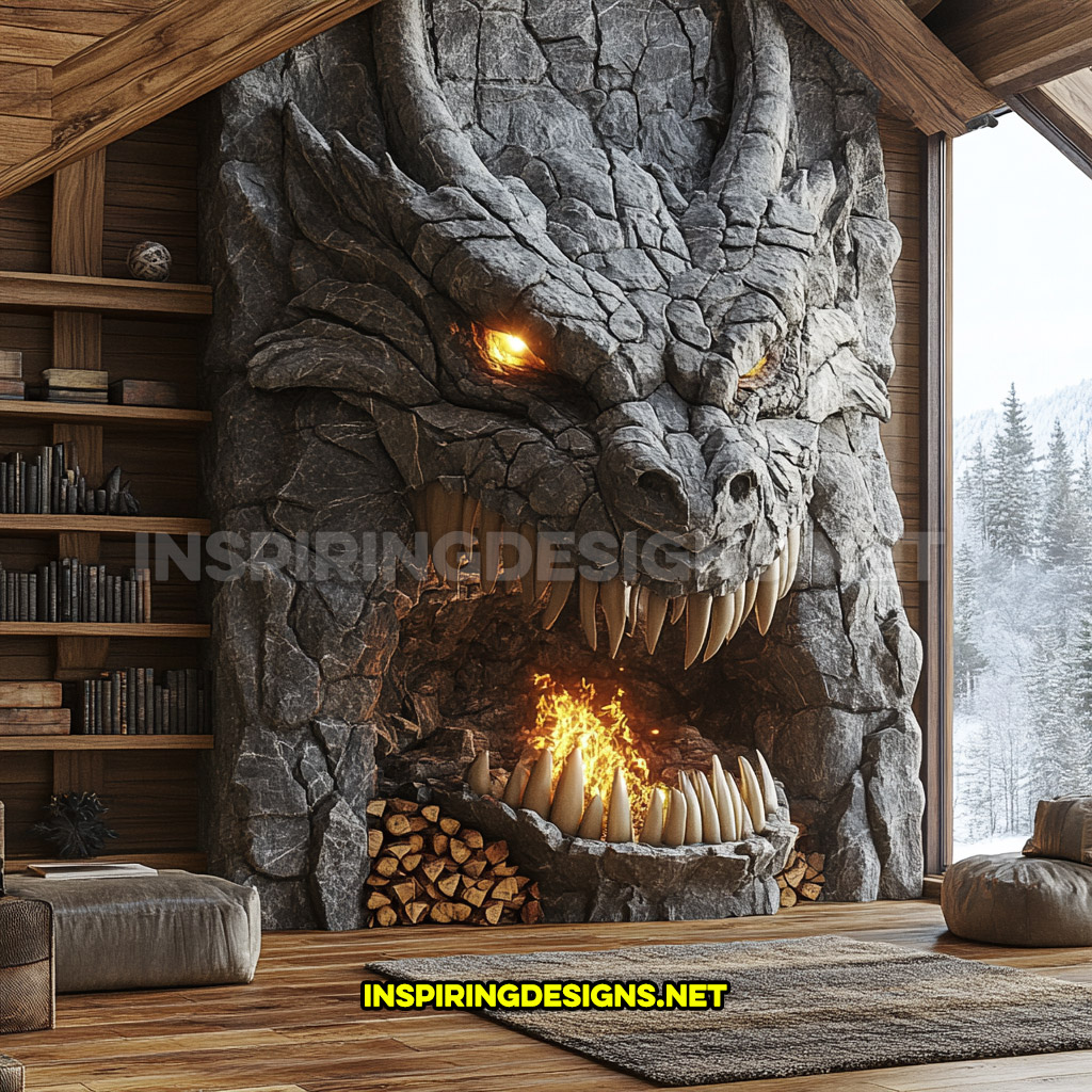 giant dragon fireplace made from stone in dark grey with integrated wood storage