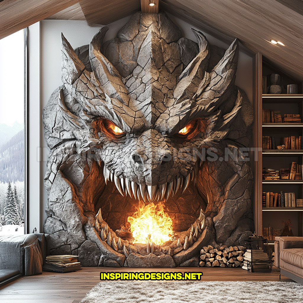 giant dragon fireplace made from stone in dark grey in a gas burning design