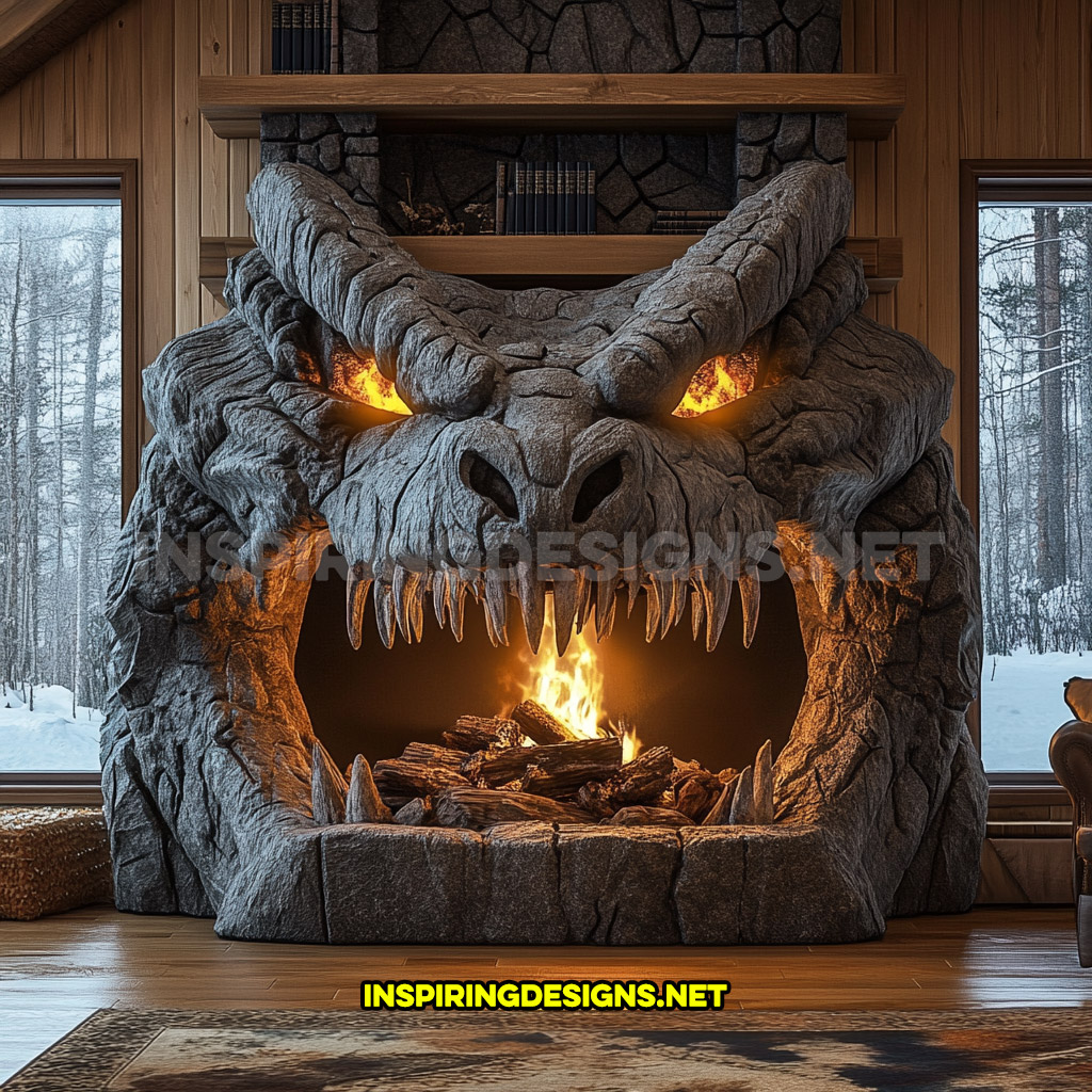 giant dragon fireplace made from stone in dark grey (short design)