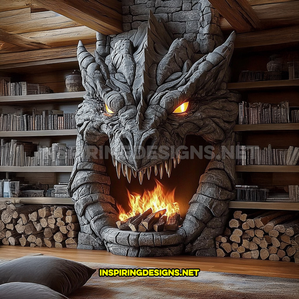 giant dragon fireplace made from stone in dark grey with integrated wood shelving