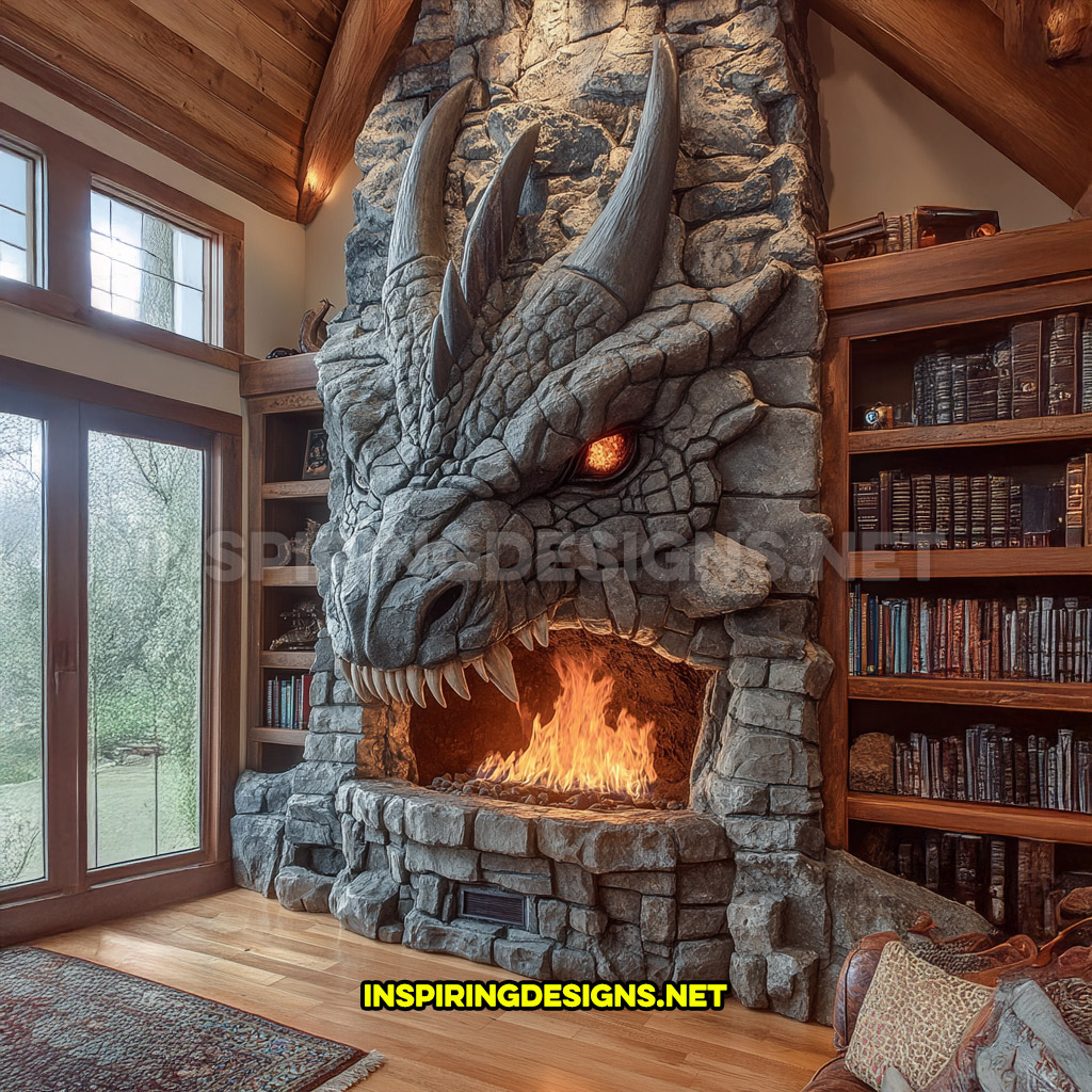 giant dragon fireplace made from stone in light grey in a gas burning design