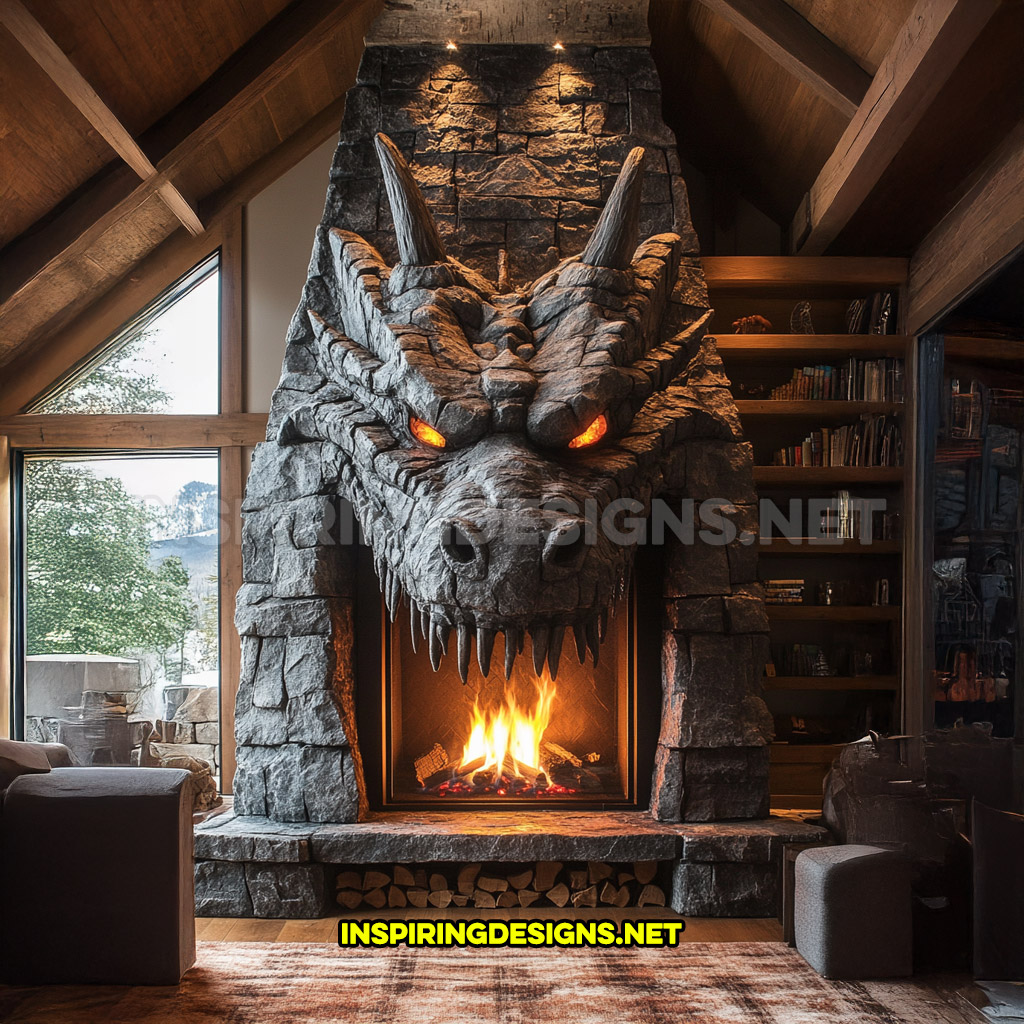 giant dragon fireplace made from stone in dark grey (tall version)