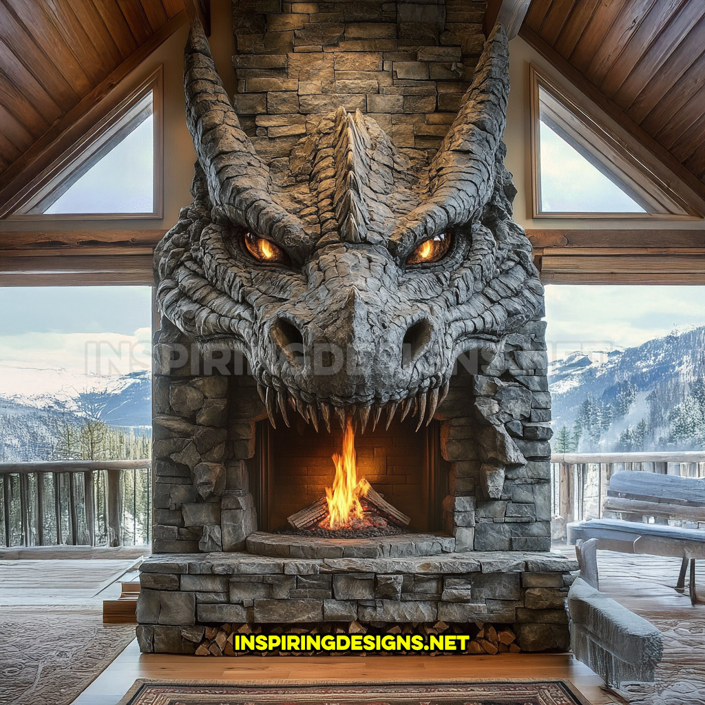 giant dragon fireplace made from stone in dark grey with illuminated eyes