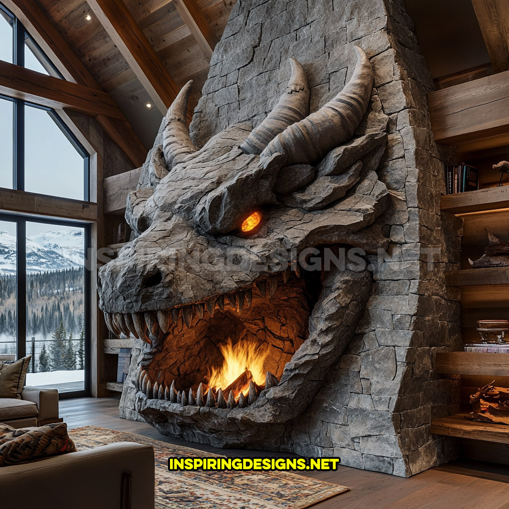 giant dragon fireplace made from stone in dark grey