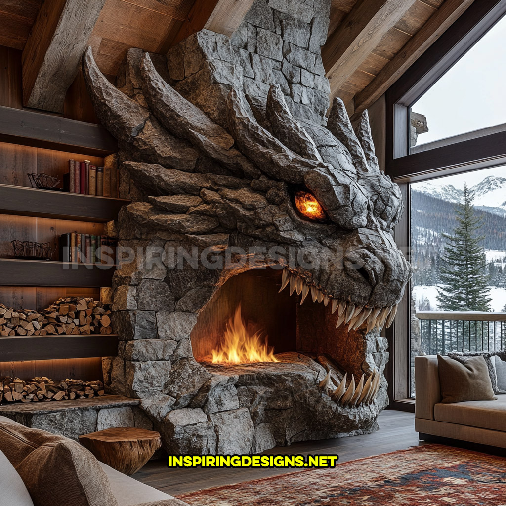 giant dragon fireplace made from stone and brick in dark grey