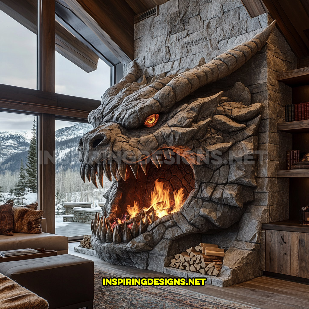 giant dragon fireplace made from stone in dark grey with integrated wood storage