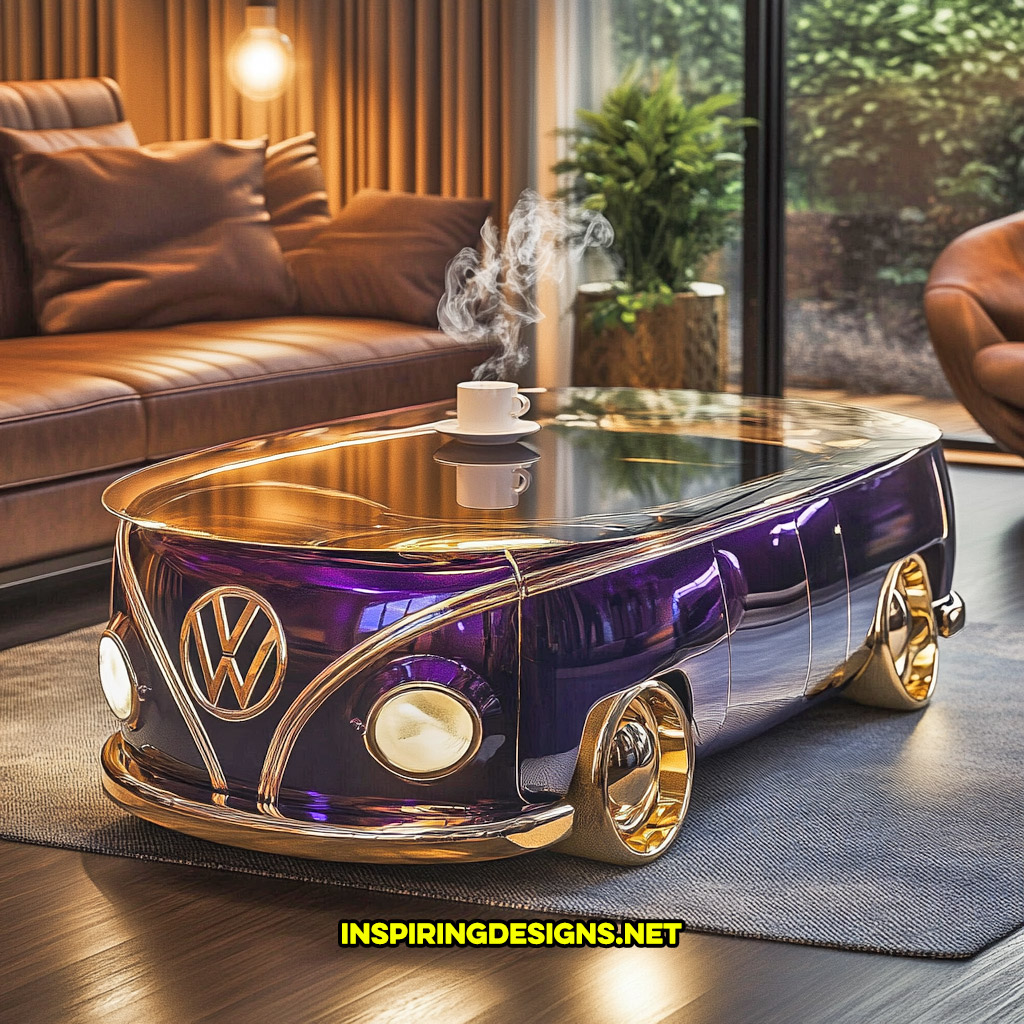 glass Volkswagen bus coffee table in a purple and gold color