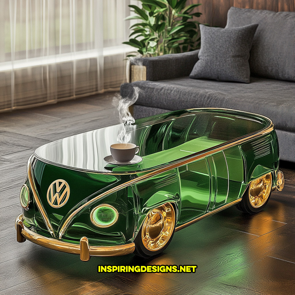 glass Volkswagen bus coffee table in a green and gold color