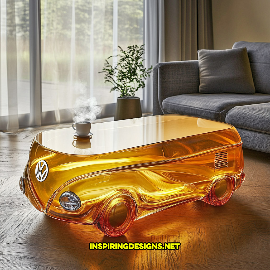 glass Volkswagen bus coffee table in a orange and silver color