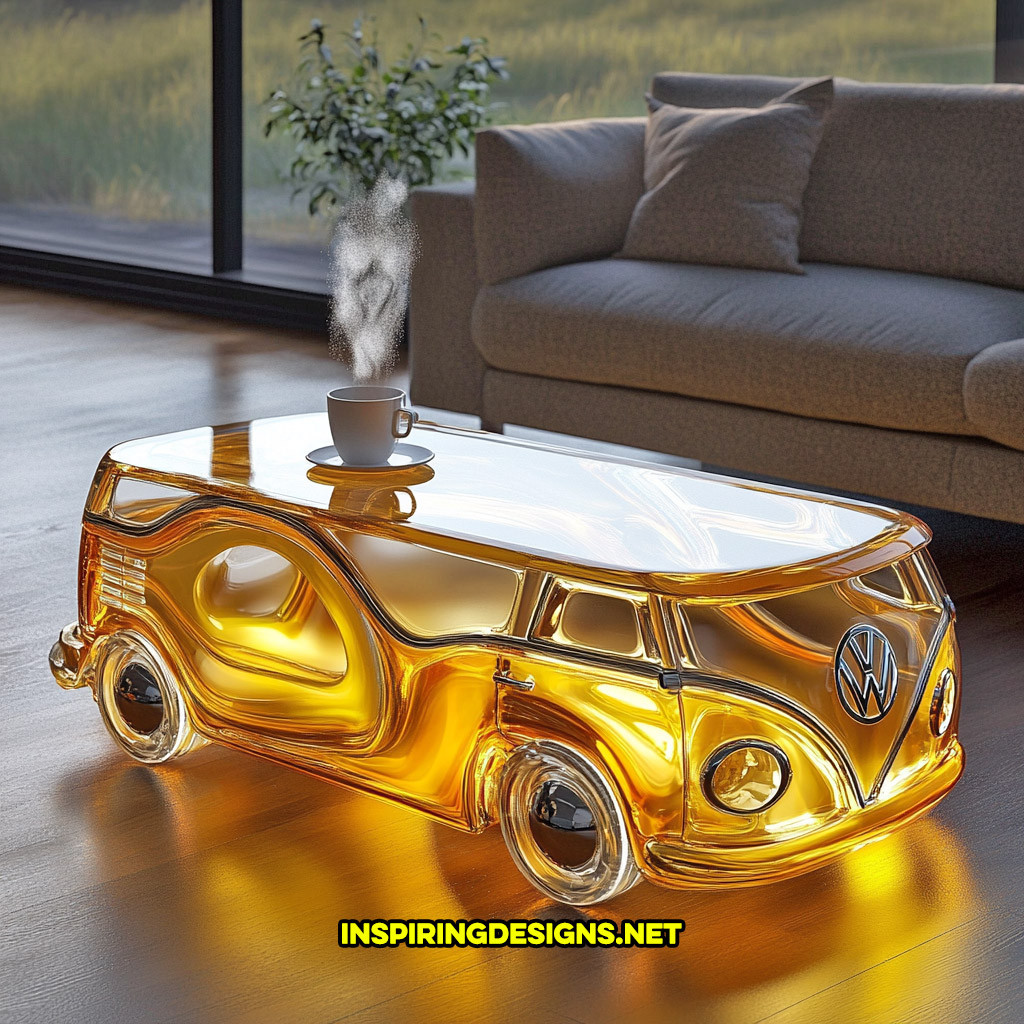 glass Volkswagen bus coffee table in a yellow and silver color