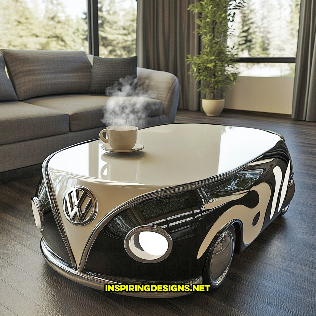 glass Volkswagen bus coffee table in a white and black color