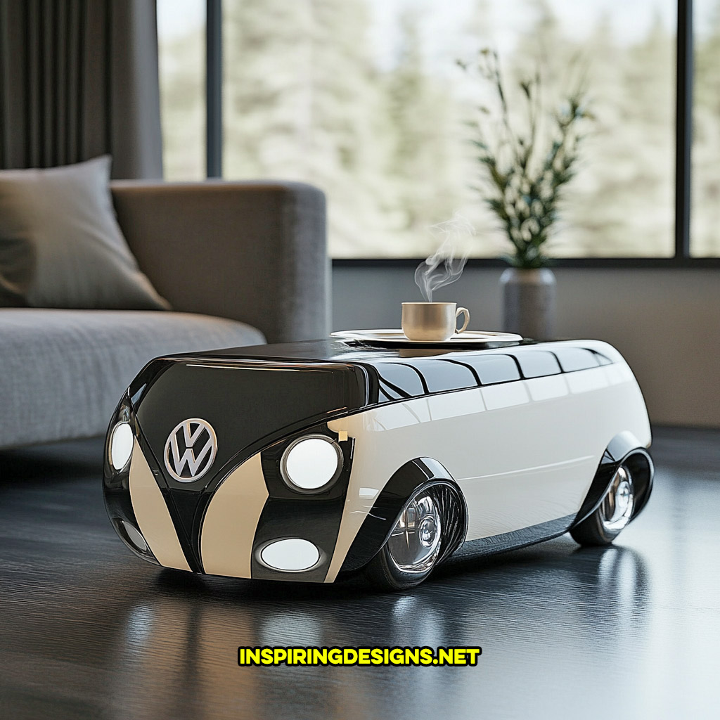 glass Volkswagen bus coffee table in a black and white color