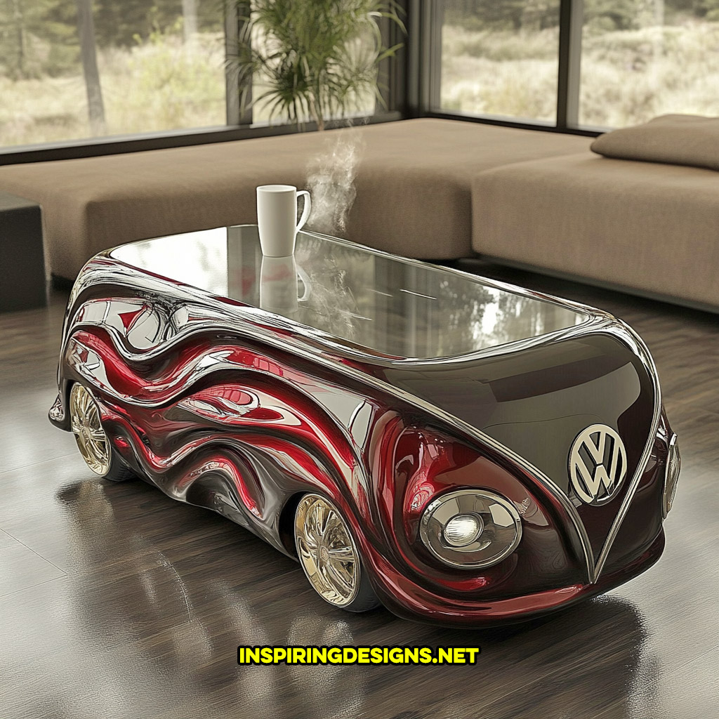 glass Volkswagen bus coffee table in a red and black color